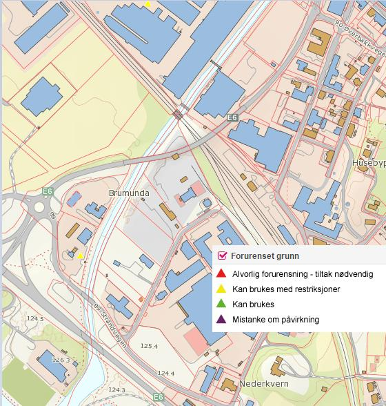 Figur 2 Miljødirektoratets oversikt over registrerte grunnforurensningssaker (www.miljøstatus.no/kart).