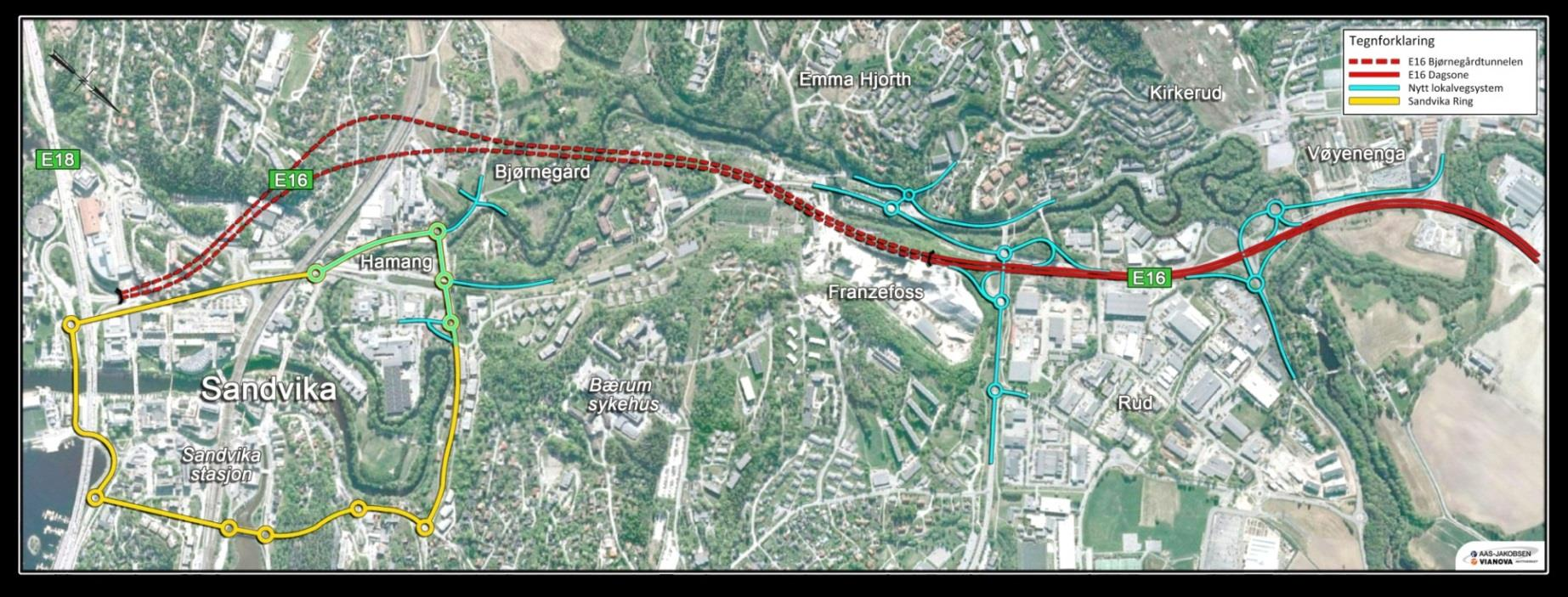 E16 Sandvika Wøyen 3,5 km firefelts motorveg med : 2,3 km tunnel og 1,2 km veg i dagen 2 store planskilte kryss Gang- og