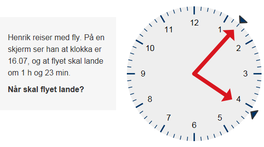 8.-9. trinn oppgave 7: Målingsoppgave, klokke Elevsvar (ca. 55 000 elever) Frekvens 8. trinn kl. 17.30 74 % RikUg Kommentar.