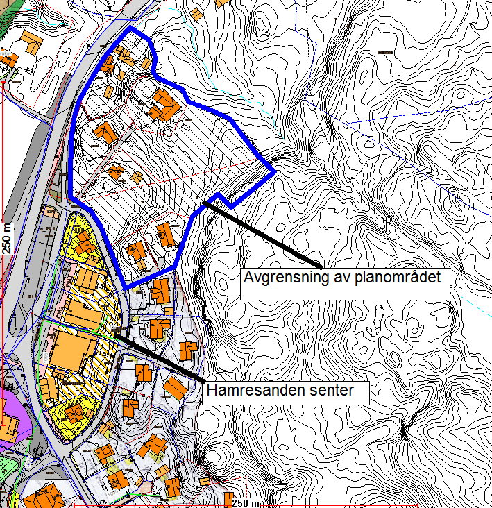 Planområdet markert med blå strek, hvor det sees eksisterende bebyggelse, samt planen for Hamresanden senter. Planområdet er vestvendt med en bratt skrent imot nordøst.