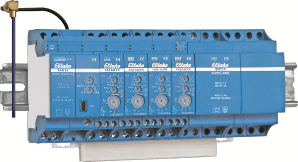 Varme stack m/4 soner, 2xFAE14LPR releer. Hvert rele med 2x2NO, 4A, FME14/4 24VDC potesialfrie kontakter. FAE14 er ferdig med adresser fra FAM14.