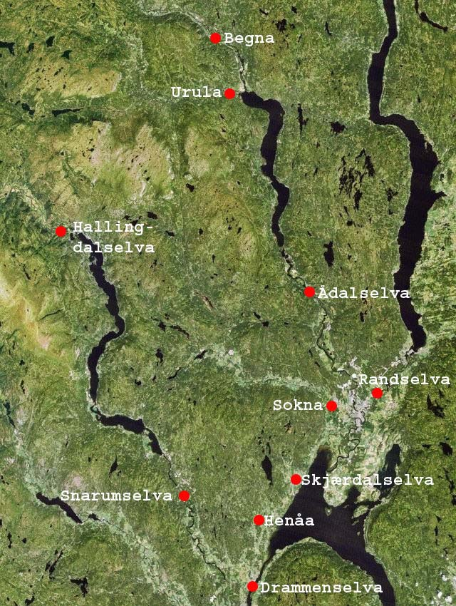 9 Skjærdalselva, nedre deler Henåa, nedre deler Drammenselva utløp Tyrifjorden Urula, nedstrøms Amundfoss Figur 1. Undersøkte elver i Buskerud i 2009.