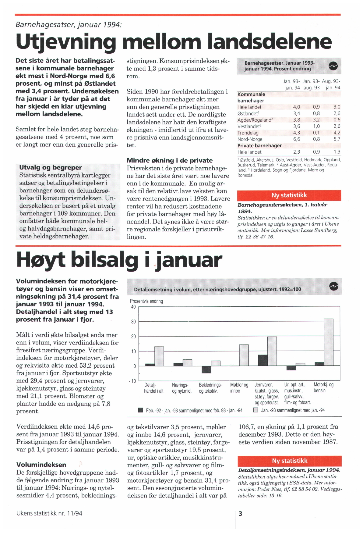 Barnehagesatser, januar 994: Utjevning mellom landsdelene Det siste året har betalingssatsene i kommunale barnehager økt mest i Nord-Norge med 6,6 prosent, og minst på Østlandet med 3,4 prosent.