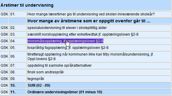 sammenliknes med det en kaller ordinære timer i GSI. Sammenhengen vil ikke være eksakt, siden undervisningstilbudet ikke bare følger malen med en lærer i en klasse.