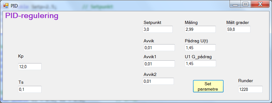 Setpunkt, prosessverdien og pådraget skal kontinuerlig vises i vinduet. Figur 5 viser noen eksempel på mulig løsninger.