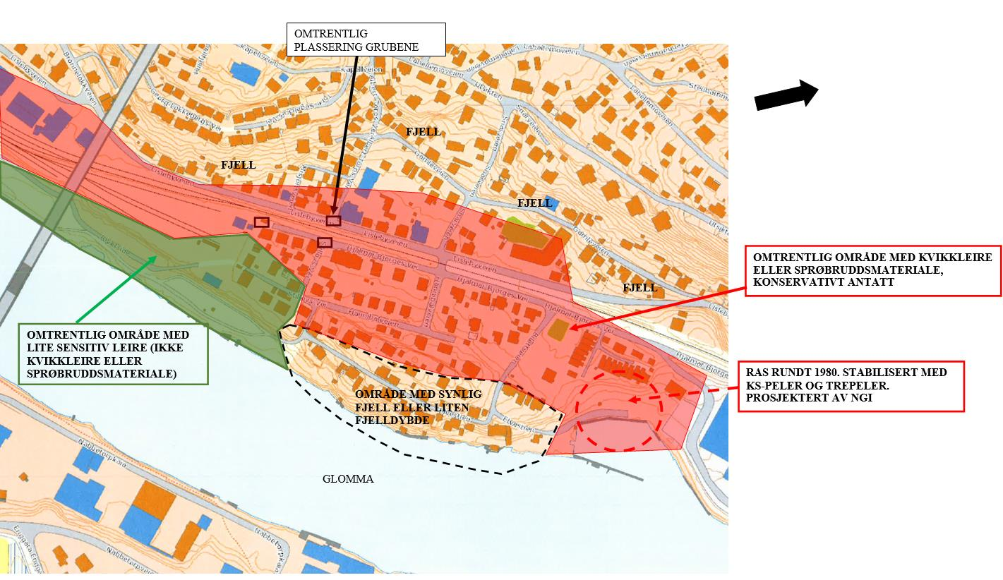 Figur 1 Orienterende kart med grunnforhold Fra Glomma i øst som i dette området på det dypeste er på rundt kote minus 20, er det 5 6 m høydeforskjell opp til det flate partiet der tiltaket planlegges.