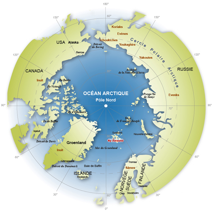 Arktis: Mest hav, omgjeve av land og delvis dekka av is.