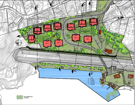 Ulempe: Økning til 5 etasjer på to bygg- redusert naboutsikt. Kulturminne under bakkeplan utgår. 2 lave bygg i stedet for Bygg 6 Illustrasjonsplan, 2015 I stedet for bygg 6.