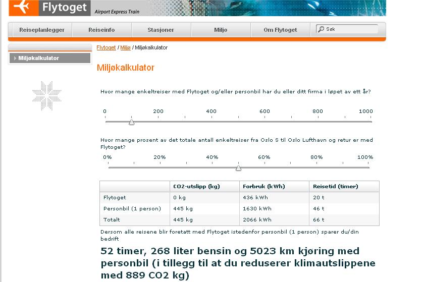 Figur 1 Flytogets miljøkalkulator Til syvende og sist ønsket vi å gjøre undersøkelser basert på brukere.