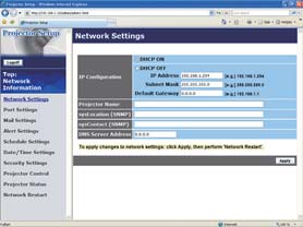 3. Bruk med nettleserprogramvare 3.1 Kon gurering og kontroll av prosjektøren via en nettleser (fortsetter) 3.1.3 Network Settings (Nettverksinnstillinger) Viser og kon gurerer nettverksinnstillinger.