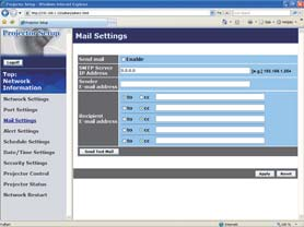 3.1 Kon gurering og kontroll av prosjektøren via en nettleser (fortsetter) 3.1.5 Mail Settings (Postinnstillinger) 3. Bruk med nettleserprogramvare Viser og kon gurerer e-post adresseinnstillinger.