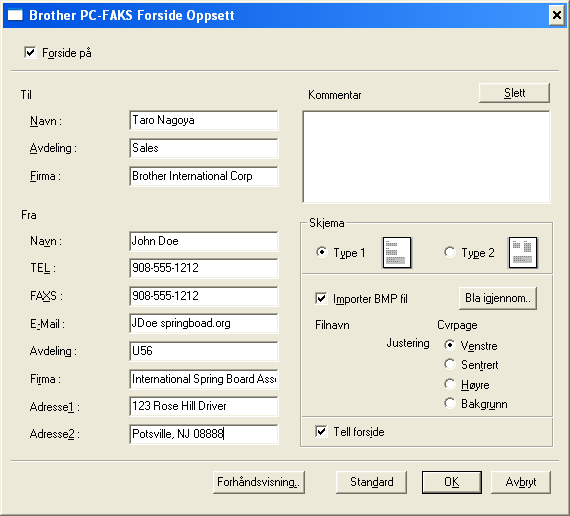 6. Brother PC-FAX-program (Ikke tilgjengelig for DCP-modeller) Sette opp en forside 6 I PC-FAX-dialogboksen klikker du på Dialogboksen Brother PC-FAKS Forside Oppsett vises: -ikonet for å få tilgang