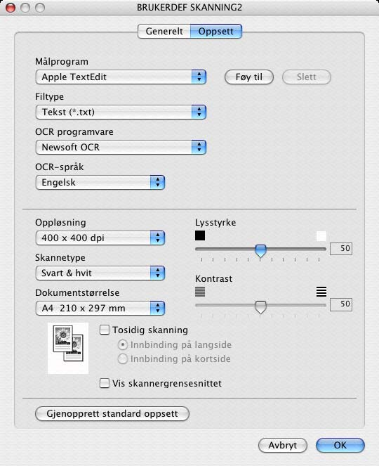 9. ControlCenter2 (For Mac OS 10.2.4. eller høyere) Skann til OCR 9 Generelt-kategorien Skriv et navn i Navn for brukerdef (opptil 30 tegn) for å gi knappen et navn.