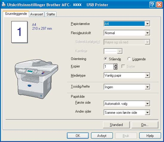 1. Utskrift Funksjoner i Windows skriverdriveren 1 Kategorien Grunnleggende 1 1 2 3 4 a Velg Papirstørrelse, Flersideutskrift, Orientering, Kopier og Medietype. b Velg Tosidig/hefte innstilling.