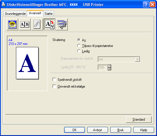 1. Utskrift Sideinnstilling 1 Skalering 1 Du kan endre utskriftsstørrelsen på dokumentet med funksjonen Skalering. av for Av hvis du vil skrive ut dokumentet slik det fremstår på skjermen.