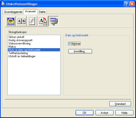 1. Utskrift Skriv ut dato og klokkeslett 1 Når den er aktivert, skriver funksjonen Skriv ut dato og klokkeslett ut dato og klokkeslett på dokumentet ditt fra datasystemets