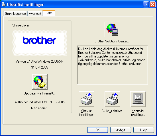 1. Utskrift Kategorien Støtte 1 Kategorien Støtte gir informasjon om driverversjon og innstillinger. I tillegg finner du koblinger til Brother Solutions Center og nettstedene for driveroppdateringer.