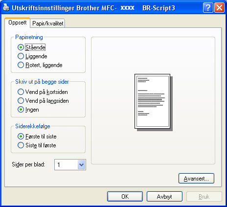 1. Utskrift Oppsett (kategori) 1 Hvis du bruker Windows NT 4.0, Windows 2000 eller XP, får du tilgang til kategorien Oppsett ved å klikke Utskriftsinnstillinger.