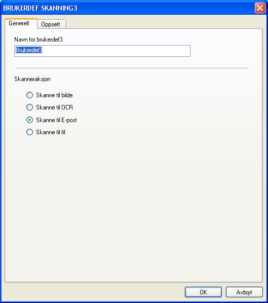 3. ControlCenter2 Skanne til E-post 3 Generelt-kategorien Skriv et navn i Navn for brukerdef (opptil 30 tegn) for å gi knappen et navn. Velg skanningstype fra feltet Skanneraksjon.