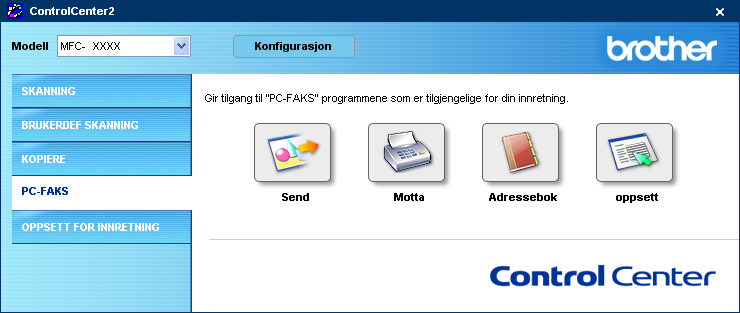 3. ControlCenter2 PC-FAX (Ikke tilgjengelig for DCP-modeller) 3 Du kan lett åpne programvare for å sende eller motta en PC-FAX eller redigere adresseboken ved å klikke på den aktuelle knappen.