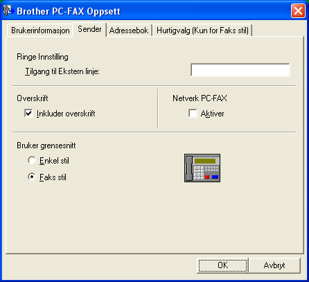 6. Brother PC-FAX-program (Ikke tilgjengelig for DCP-modeller) Sendeoppsett 6 I dialogboksen Brother PC-FAX Oppsett klikker du på kategorien Sender for å vise skjermen under.