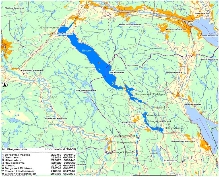 Eikeren Hof/Øvre Eiker kommuner Areal nedbørfelt: 350 km 2 Areal innsjø: 26 km 2 Høyde moh: 19m Midlere