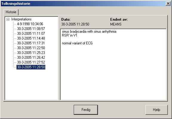 5.3 Vise tolkningshistorikk CardioPerfect Workstation Når du endrer noe i en tolkning, endrer ikke Welch Allyn Cardio Perfect den opprinnelige tolkningen, men lager en ny.