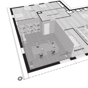 PROSJEKTERINGSEKSEMPEL STORT KONTOR Objekt Anlæg Projekt nr. Dato 1.3 : Lysberegning : Planlægningskatalog : : 21.09.2015 Beregningsresultater, Storrumskontor 1.3.9 Pseudofarver, Nytteplan 1.