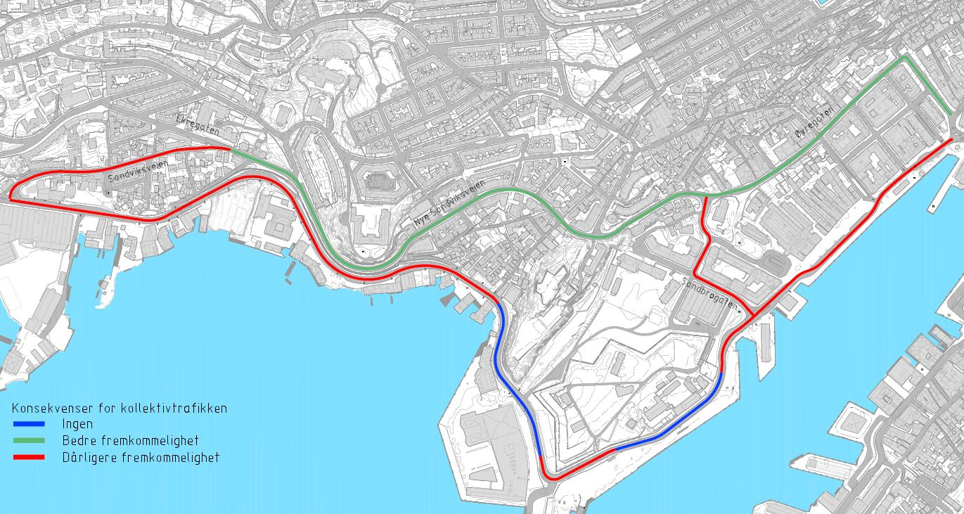 Konsekvensene av trafikkøkning på nedre nivå er at kødannelser og forsinkelser vil øke, og dette vil ramme kollektivtrafikken som ikke har eget kollektivfelt her.