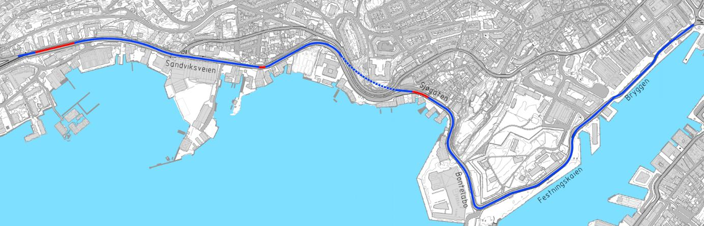 Tverrprofil I denne traséen er det flere muligheter for sykkeltilbud. I forprosjekt for strekningen Bradbenken Skutevikstorget 7 er det vurdert flere alternativer.