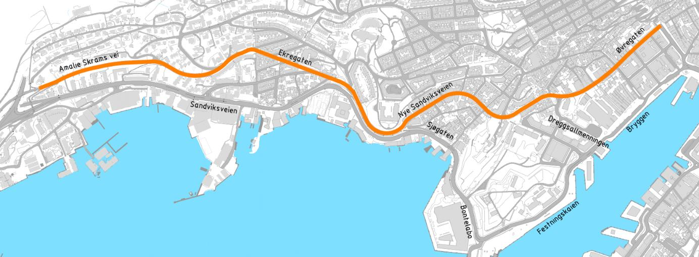 Øvre trasé Beskrivelse av traséen Øvre trasé følger Øvregaten, Nye Sandviksveien, Ekregaten og Amalie Skrams vei mellom sentrum og Sandviken.