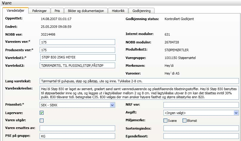 det opprettet en PSE pakning med faktor 0,040 F pak er en sekk på 25 KG,