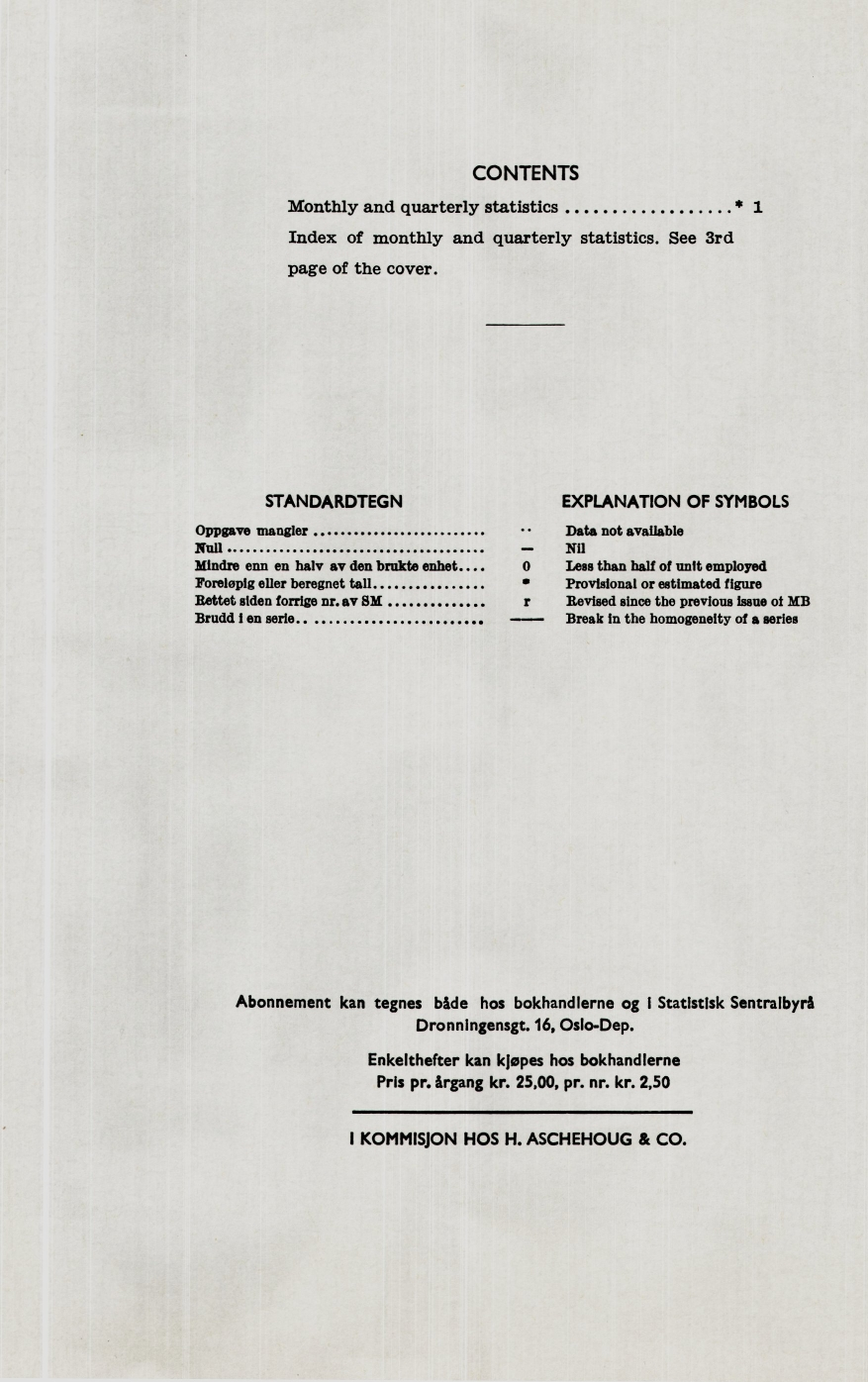 CONTENTS Monthly and quarterly statistics * 1 Index of monthly and quarterly statistics. See 3rd page of the cover. STANDARDTEGN Oppgave mangler Null.