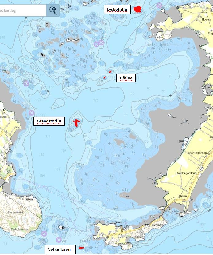 Figur 3.2 Oversiktskart som viser grunnene som vil bli fjernet i tiltaket Kilde: Kystverket (2016).