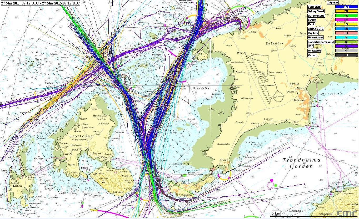 Figur 2.3 AIS-plott for fartøyspasseringer i 2014 Kilde: Kystverket (2016). 2.2 Utløsende behov Årsaken til at Kystverket har igangsatt forprosjekt for Nebbetaren Kjeungskjæret farled er i hovedsak et ønske om å øke sikkerheten i farleden.