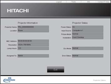 2.2 Crestron e-control (fortsatt) 2.2.3 Info-vindu 1 2 Viser innstillinger og status for projektoren. Klikk [Exit]-knappen for å gå tilbake til Main-vindu.