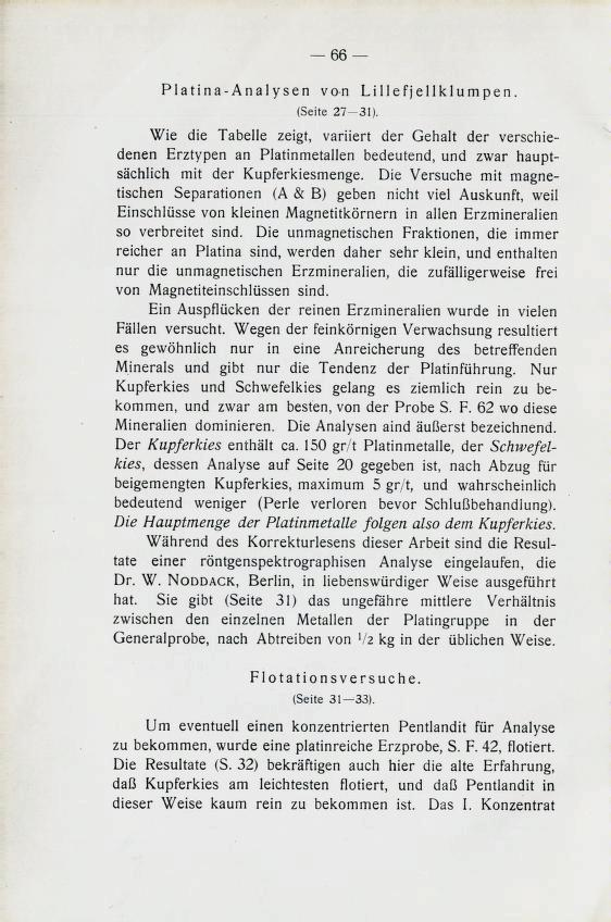 66 Platina-Analysen von Lille fjellklumpen. (Seite 27-31).