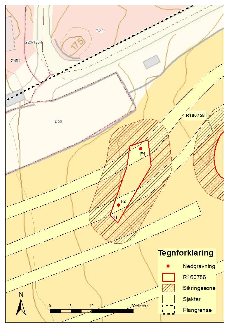 R160786 Bosetnings- og aktivitetsområde, gbnr 7/1 Drengsrud Fire nedgravninger ble funnet i området nordvest for R160758. Nedgravningene ble snittet.