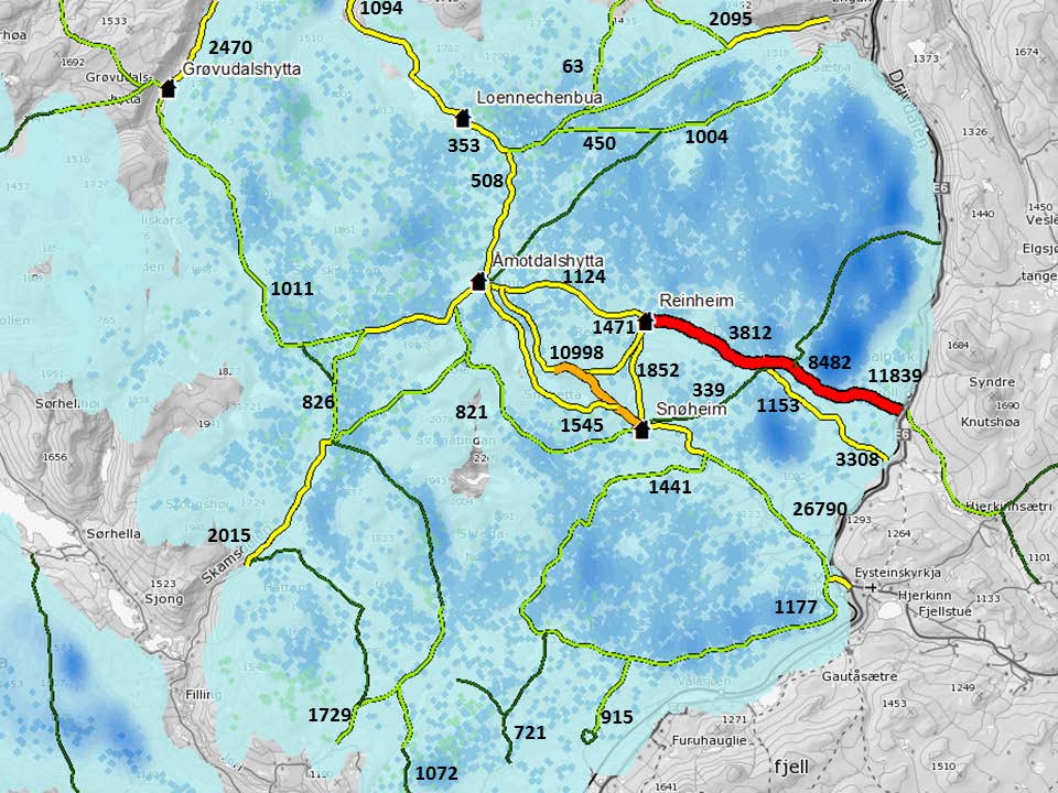 Når det gjelder trafikken inn Stroplsjødalen til Reinheim fra Kongsvold eller Grønnbakken, varierer utviklingen mellom lokalitetene (figur 23).