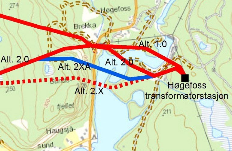 Side 6 Kart 2: Trasealternativ 1.0, 2.0 og 2XA fra ny Høgefoss transformatorstasjon til Brekka. Utredet, men ikke omsøkt alternativ 2X vises med stiplet linje. Alternativ 1.