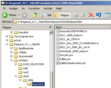 Figur 7. Inndatakatalog i Nasmod. Filene på prn- og in-format er de originale inndatafilene fra Emme/2.