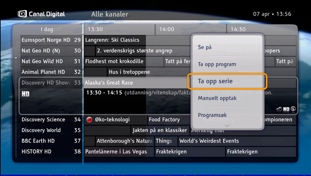 Med denne typen opptak kan du ta opp et program med en start- og sluttid som angis av TV-kanalen. Opptaket kan gjøres fra kanalinfobanneret eller TV-guiden.