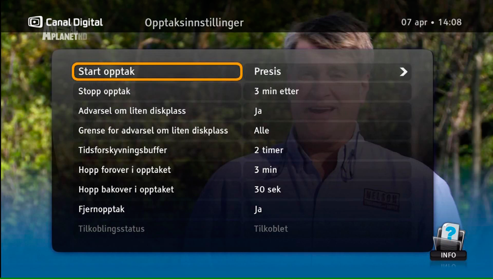 Opptaksinnstillinger Språkinnstillinger Starte/avslutte opptaket Med Start opptaket / Avslutt opptaket kan du forlenge opptak som er startet med Ta opp program eller ved å trykke på når et program er