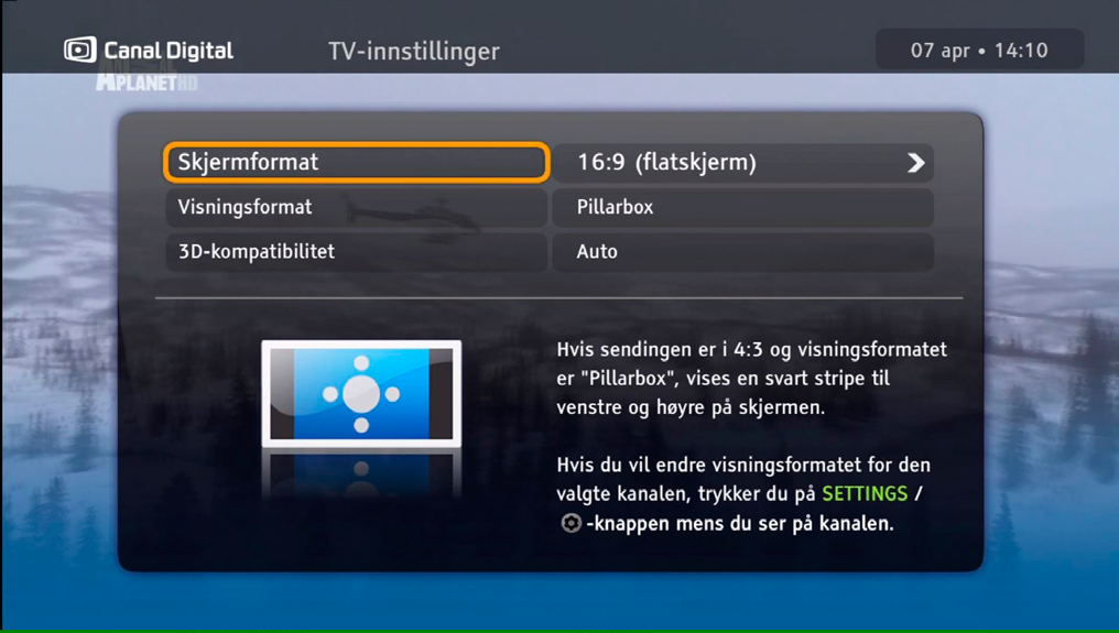 Dekoderinnstillinger Installasjon TV-innstillinger Lydinnstillinger Kanalsøk Oppgradere boksen Skjermformatet stilles automatisk inn på Widescreen (16:9).