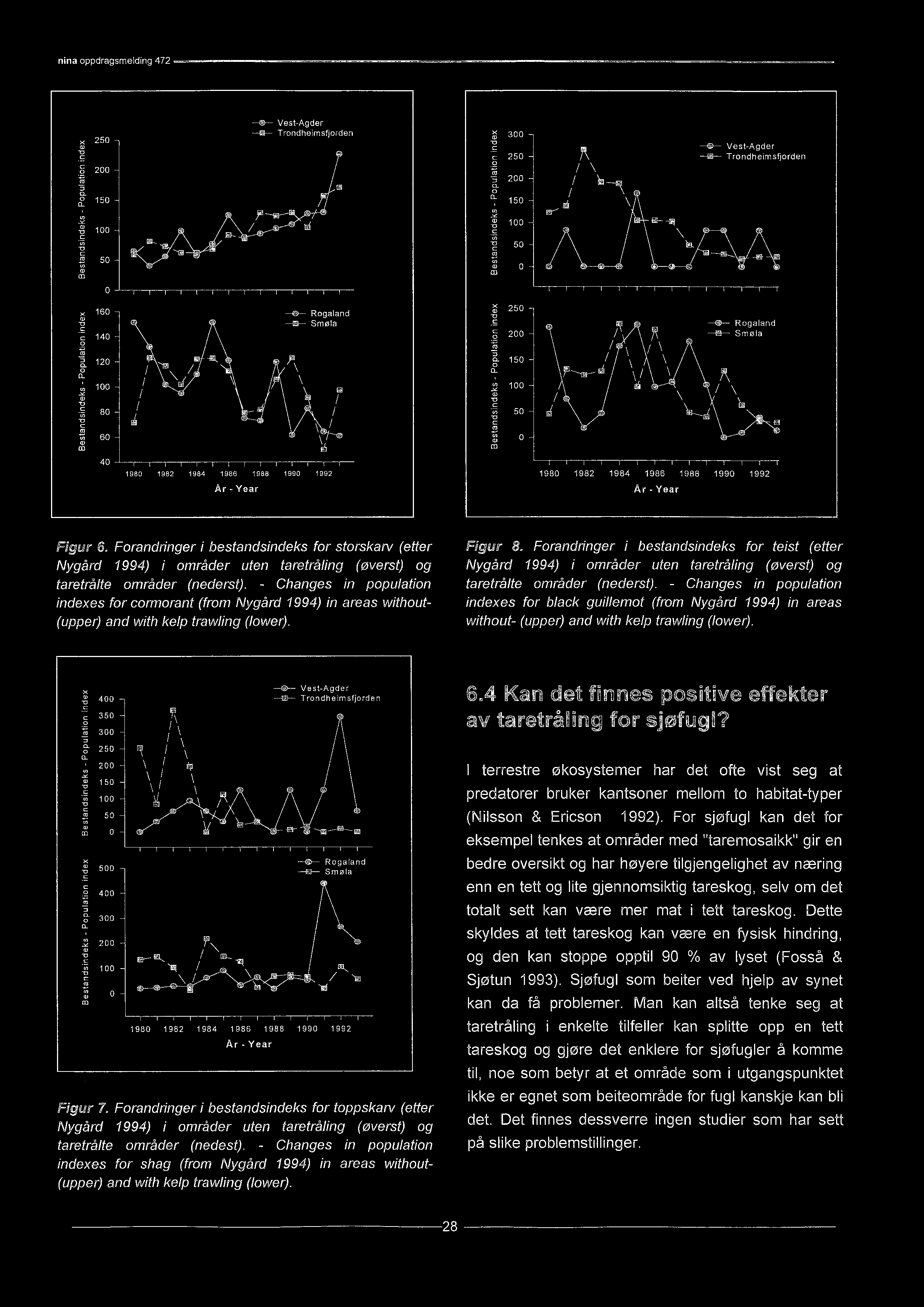 - Changes in population indexes for cormorant (from Nygård 1994) in areas without- (upper) and with kelp trawling (lower). Figur 8.