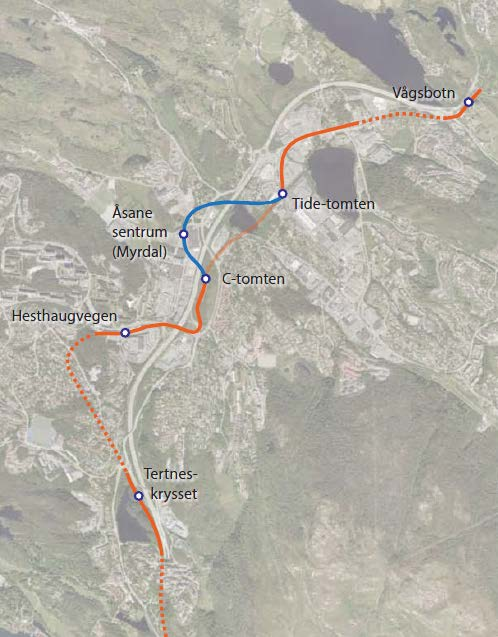 Tiltaket Bystyrets vedtak i Åsane. Strekningen fra C-tomten til Tide-tomten som ikke er konsekvensutredet er vist i blå. Traséen som er konsekvensutredet er vist i rød.