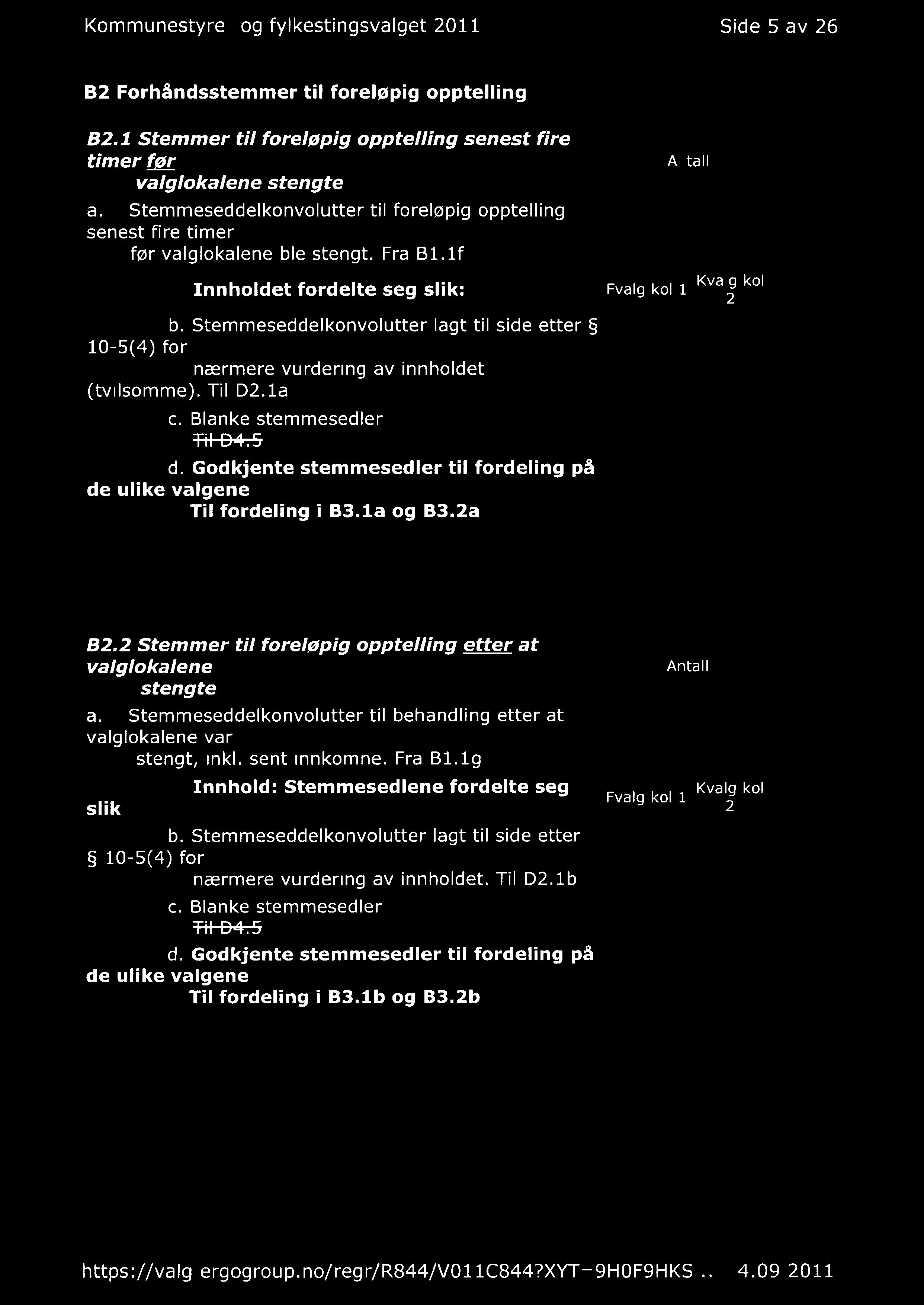 Kommunestyre- og fylkestingsvalget 2011 Side 5 av 26 B2 Forhåndsstemmer til foreløpig opptelling B2.1 Stemmer til foreløpig opptelling senest fire timer før valglokalene stengte a.