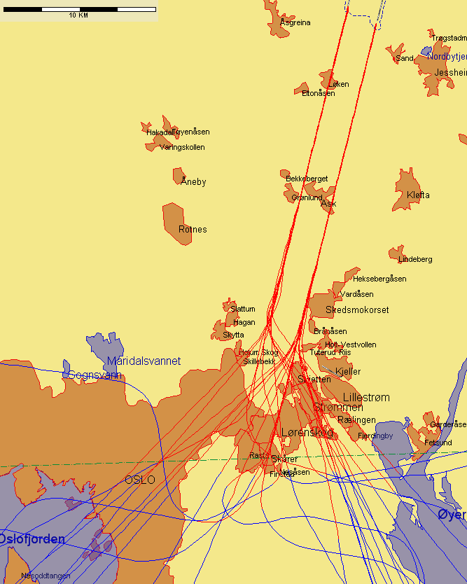 Jetflylandinger fra sør med lav høyde sør for N 59 55 00 Figur 8.