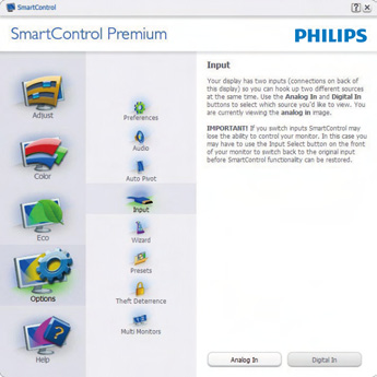 Options (Alternativer) > Input (Inndata) - Er kun aktiv når du velger Input (Inndata) fra rullegardinmenyen Options