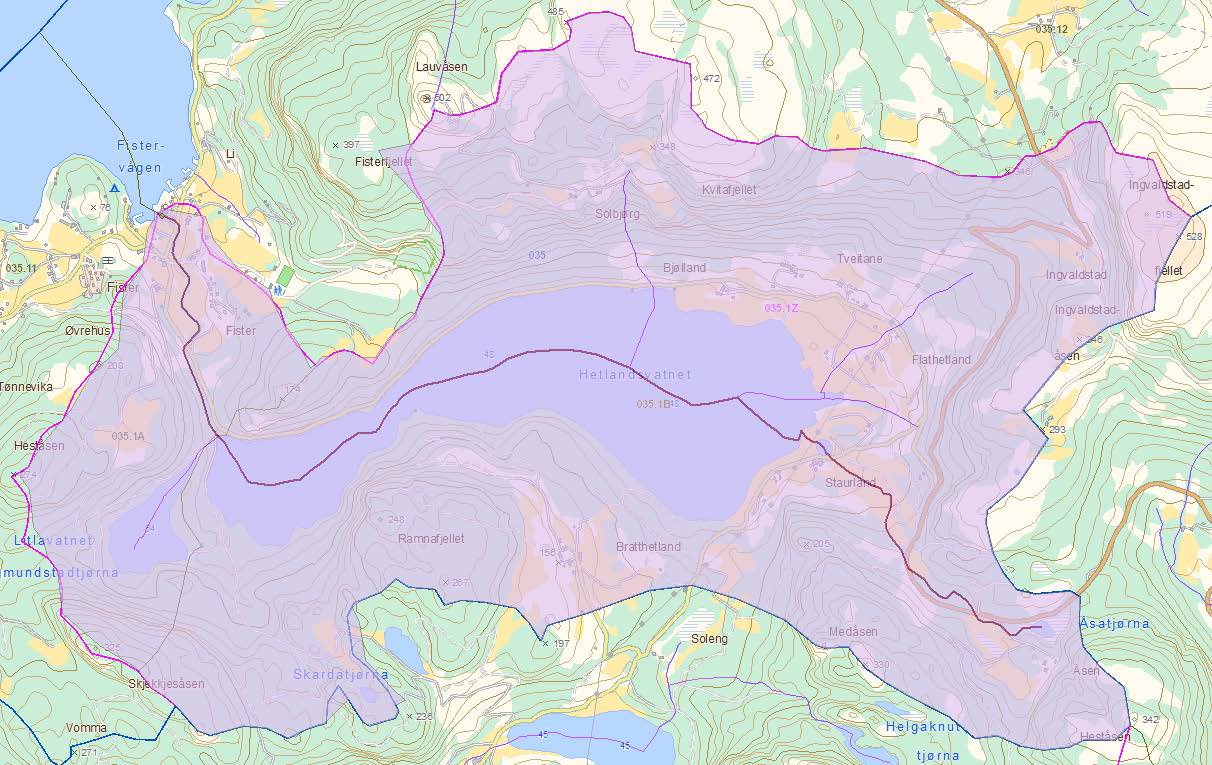 VASSDRAGET OG FISTERÅNA Fisteråna (NVE vassdragsnr. 035.1A) renn frå Hetlandsvatnet (48 moh) til sjøen i Fistervågen ved Fister i Hjelmeland kommune Rogaland fylke (figur 1).